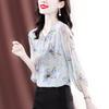 Female Spring/Summer New Korean Chiffon Shirt Top Fashion 3/4 Sleeve Printed Lace Up Bottoming Blouse S-4XL