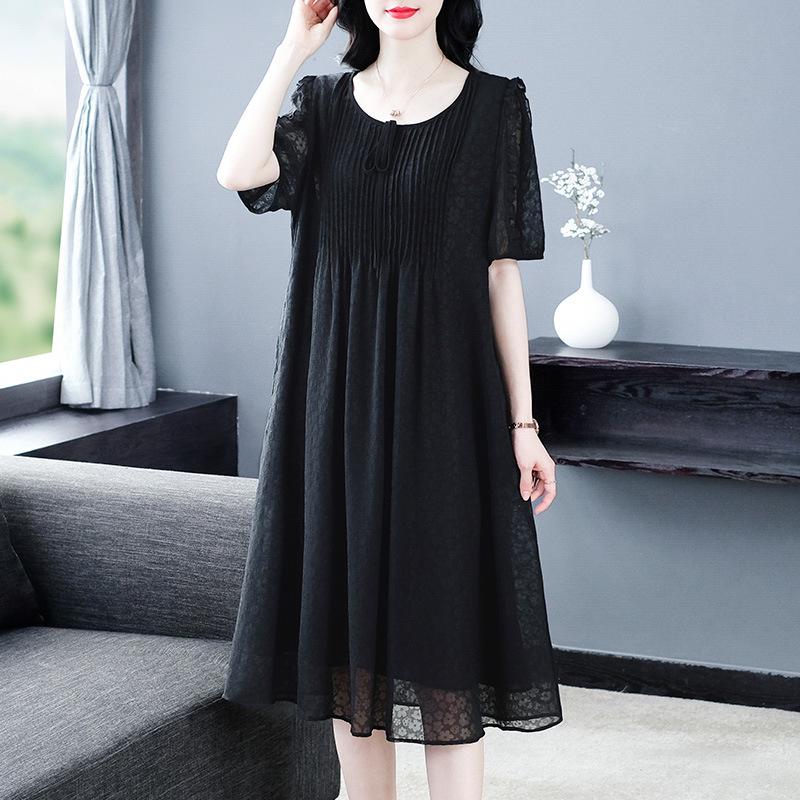 

High-End Plus Size Chiffon Short Sleeve Dress for Middle-Aged Women 2XL (140-160 jin) чёрный