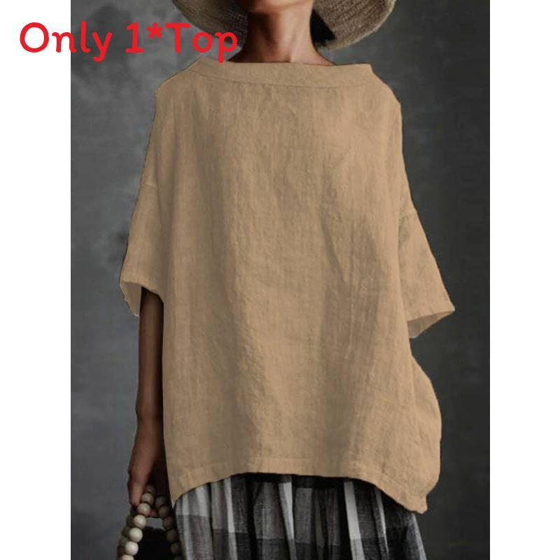 T-shirt estiva in cotone e lino con scollo rotondo e vestibilità ampia per donna