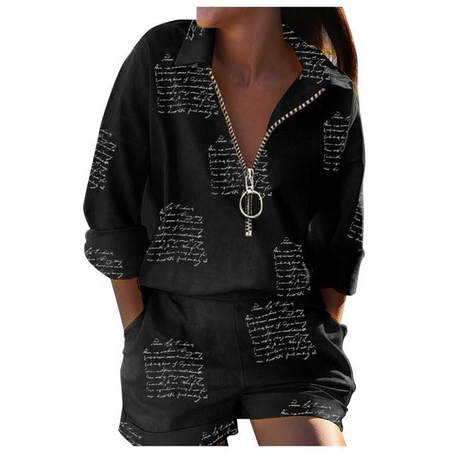 Women's Fashion Casual Printed Long Sleeves  Tops Shorts Pants Suit
