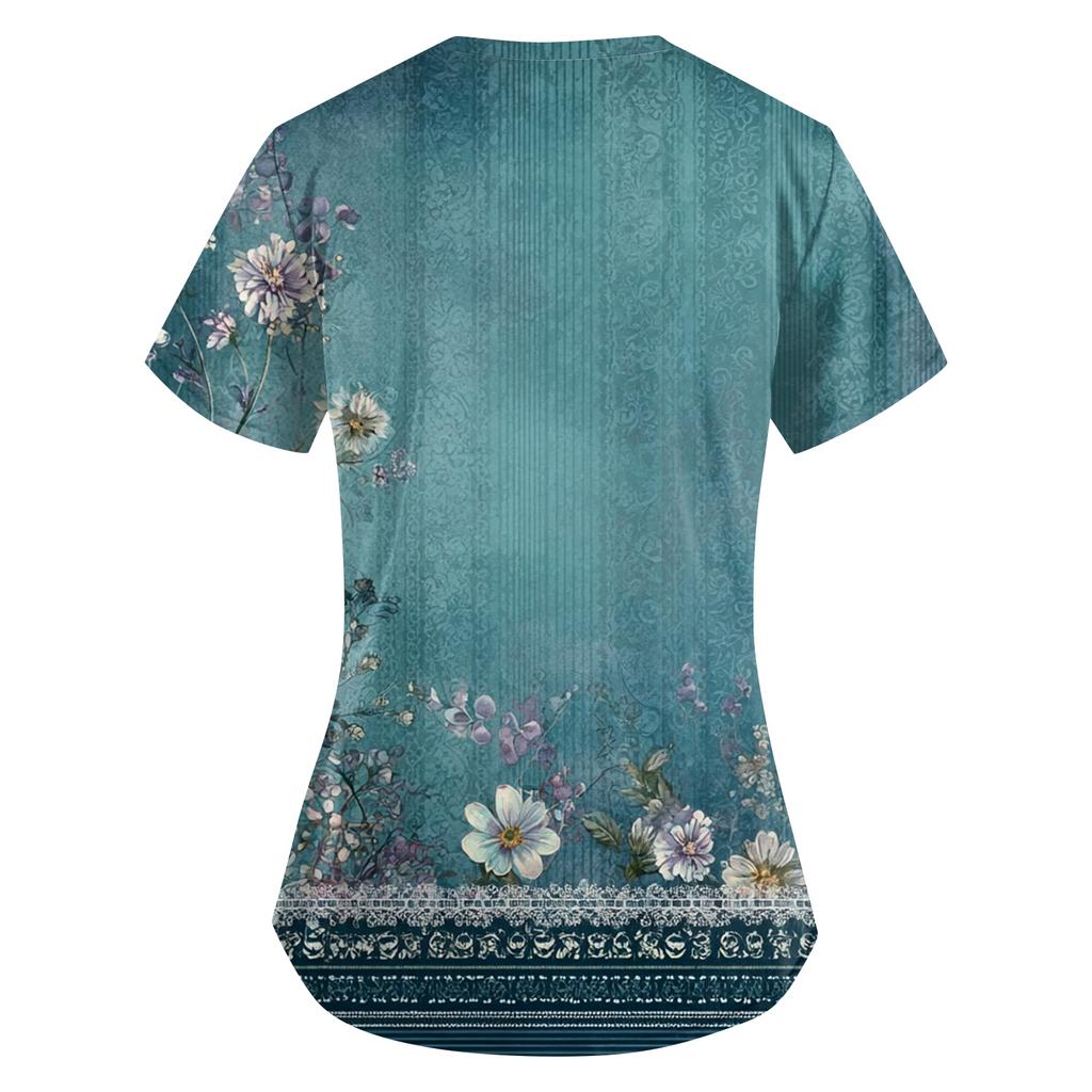 Plus SizePrinted Scrub Working Uniform Tops For Women's Cross V-Neck Print Short Sleeve Fun T-Shirts Workwear Tee With Pockets