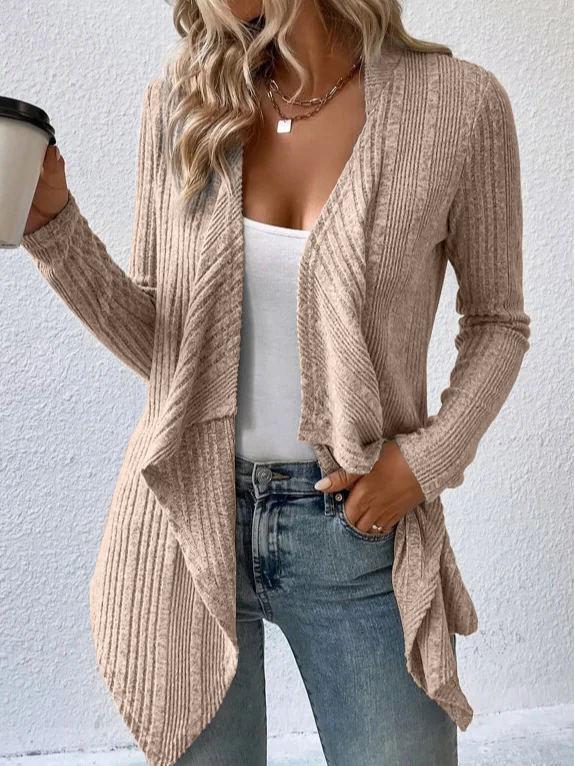 2026 Autumn/Winter Solid Color Ribbed Knit Cardigan - Open Front, Long Sleeve, Casual Women's Sweater