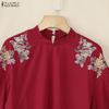 ZANZEA Women Casual Stand Collar Loose Pleated 3/4 Sleeve Print Blouse