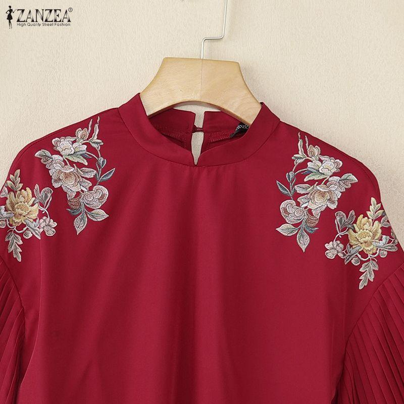 ZANZEA Women Casual Stand Collar Loose Pleated 3/4 Sleeve Print Blouse