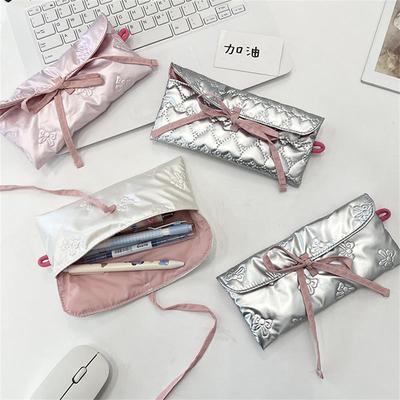 Sweet Quilted Bow Love Flap Pencil Case Organizer Coin Purse  Girly Cosmetic Bag Women Portable Sundries Storage Bag Gift