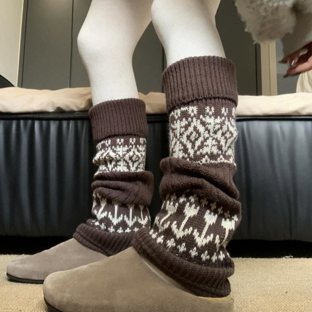 Sock Covers, Thick Threads, Stacked Socks, Warm And Thickened, Retro Gray Diamond Calf Socks, Leg Covers