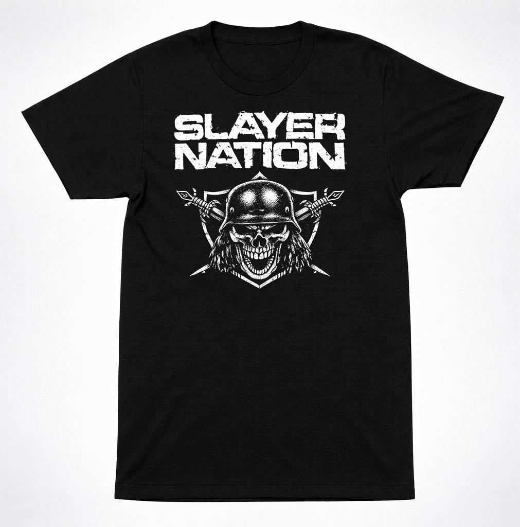 Slayer Nation Skull Helmet T-Shirt Thrash Metal Fan Distressed Black Tee L