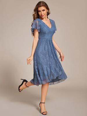 Ever-Pretty Women's V-Neck Short Sleeve Ruffled Lace Lotus Hemline Midi Wedding Guest Dress