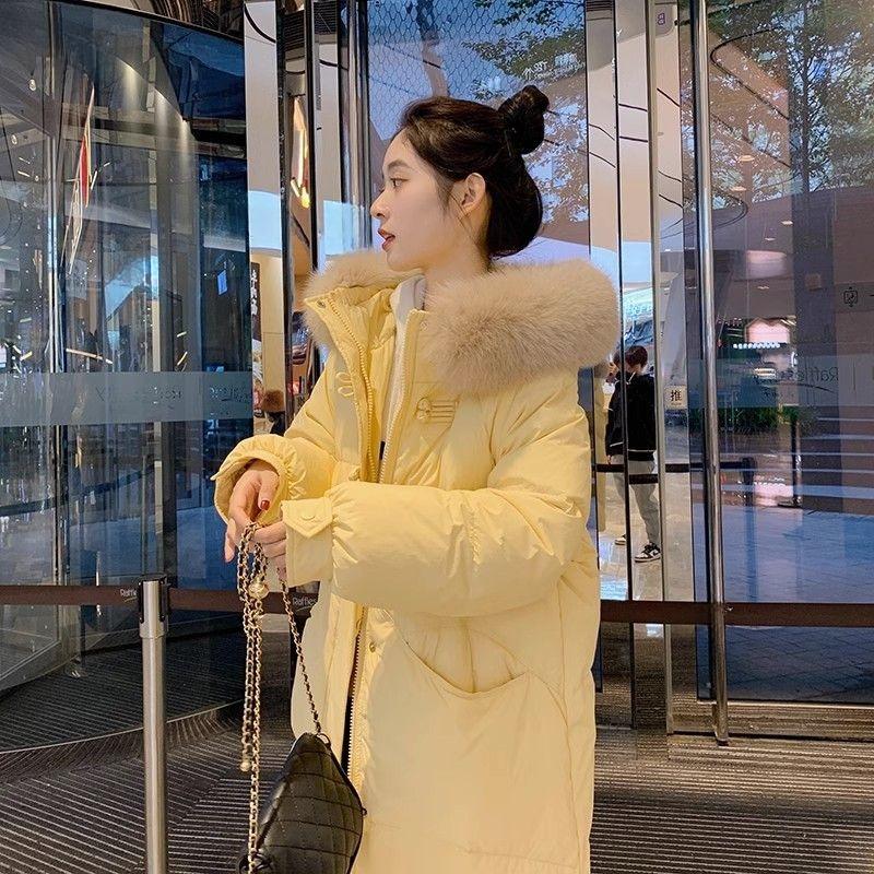 Long Over-the-knee Hooded Down Cotton Coat for Women Winter Big Fur Collar Thick Cotton Coat Trend Parkas Jackets