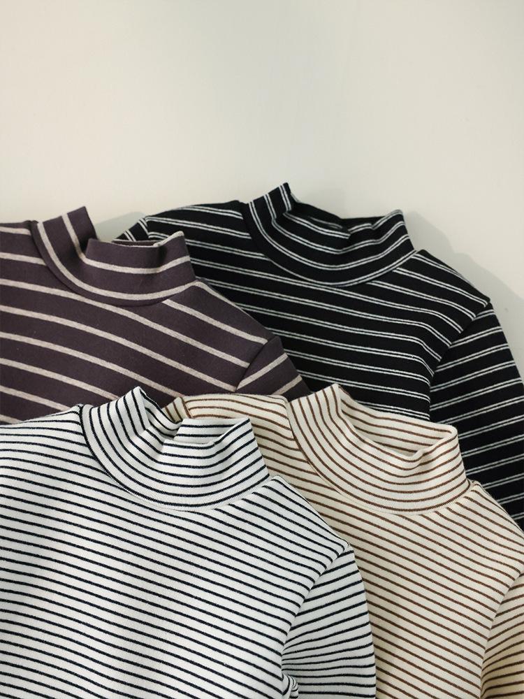 Kids' Winter Striped Velvet-Enhanced Thick Warm High-Collar Long-Sleeve T-Shirt