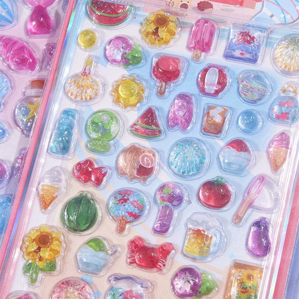 4Pcs Cute Summer Ocean Theme 3D Relief Stickers Kawaii Cartoon Pattern Bubble Decals Waterproof Decorative Notebook Phone Helmet