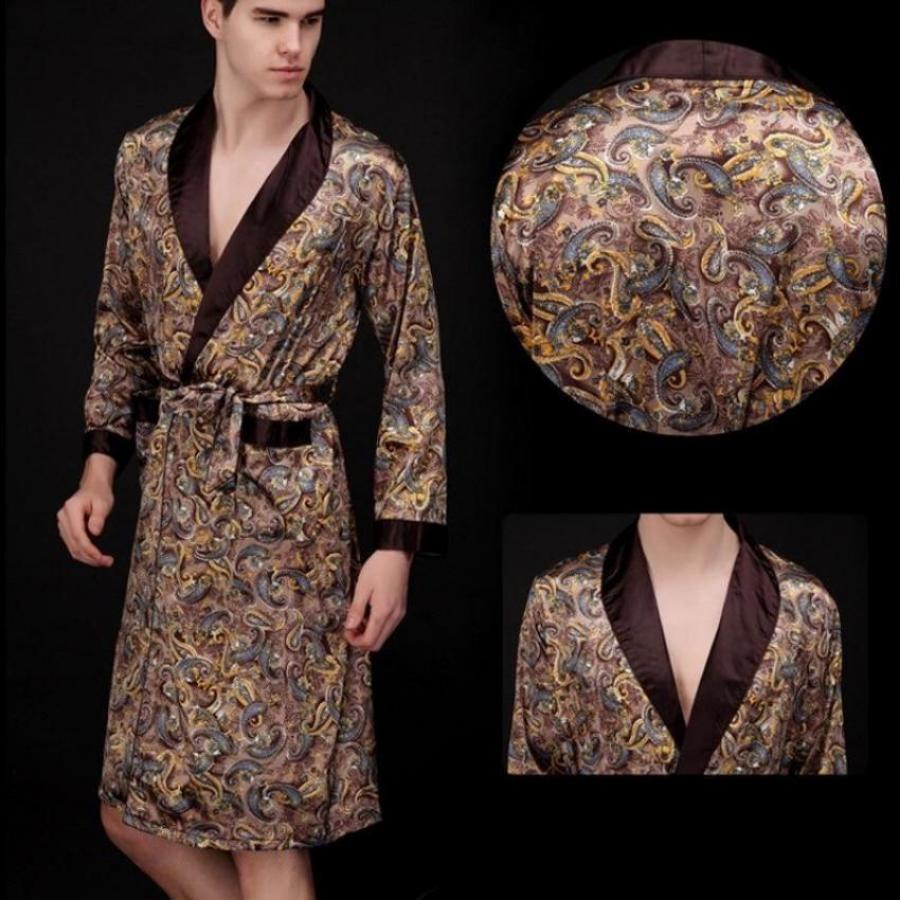 Fashion Men's Pajamas Summer Satin Printed Casual Foldable Collar Bathrobe Pajamas Home Casual Wear
