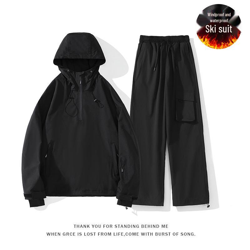 New Couple's Water-Repellent Hooded Ski Jacket & Pants Set - Fleece-Lined for Winter