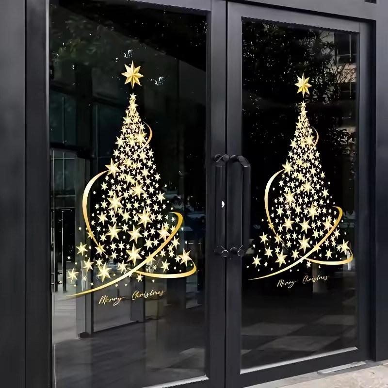 2 Pack Golden Christmas Tree Window Clings Stickers for Glass, DIY Static Wall Window Door Mural Showcase Decal Sticker