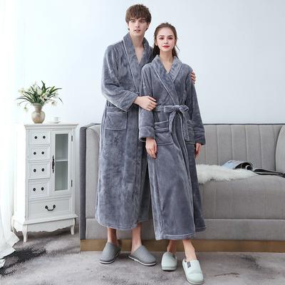 Couple's Autumn Winter Thicken Warm Bathrobe with Pockets Large Size Men's Long Robe Comfortable Lace Up Flannel Sleepwear