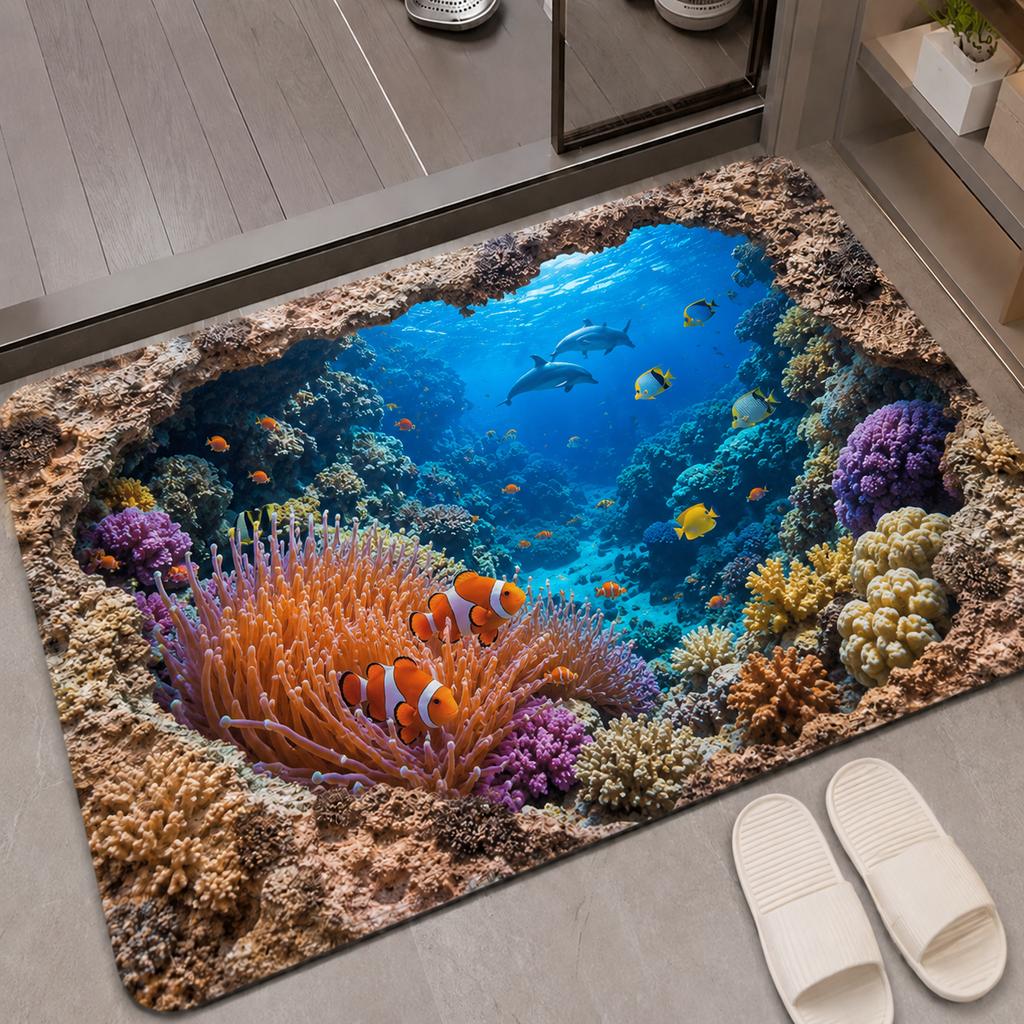 3D Ocean Underwater World Rug Visual Illusion Coral Reef Bath Mat Marine Life Home Decor Doormat Anti-slip For Outdoor Bathroom