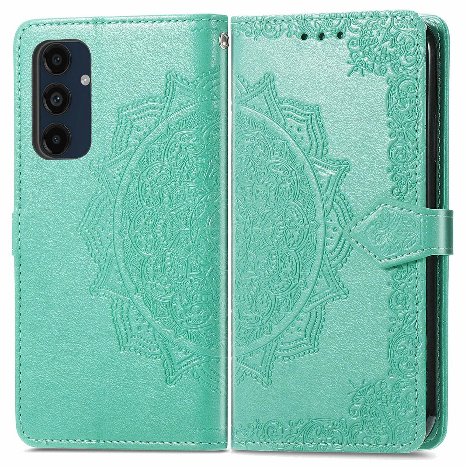 

For Samsung Galaxy S24 FE Case Mandala Embossed Design Leather Wallet Phone Cover Green