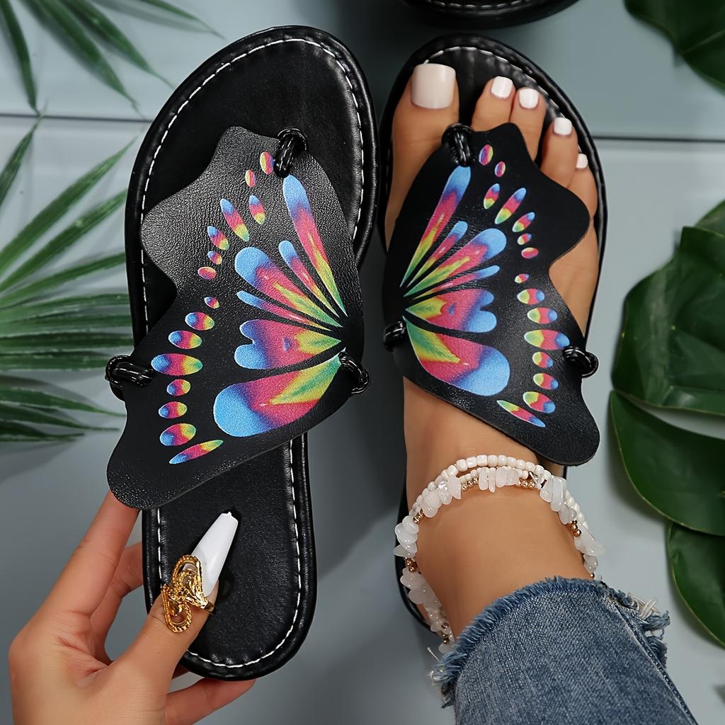 Stylish Women's Butterfly Print Slide Sandals | Faux Cover Upper & Rubber Sole | Versatile All-Season Footwear | Fashionable Clip Toe, Slip-On Flats