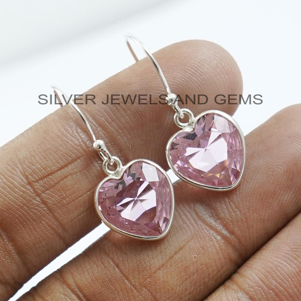 Pink Quartz Earring, 925 Sterling Silver, Heart Shape Earring, Handmade Earrings, Pink Gemstone Earrings, Anniversary Earrings, Gift for Her