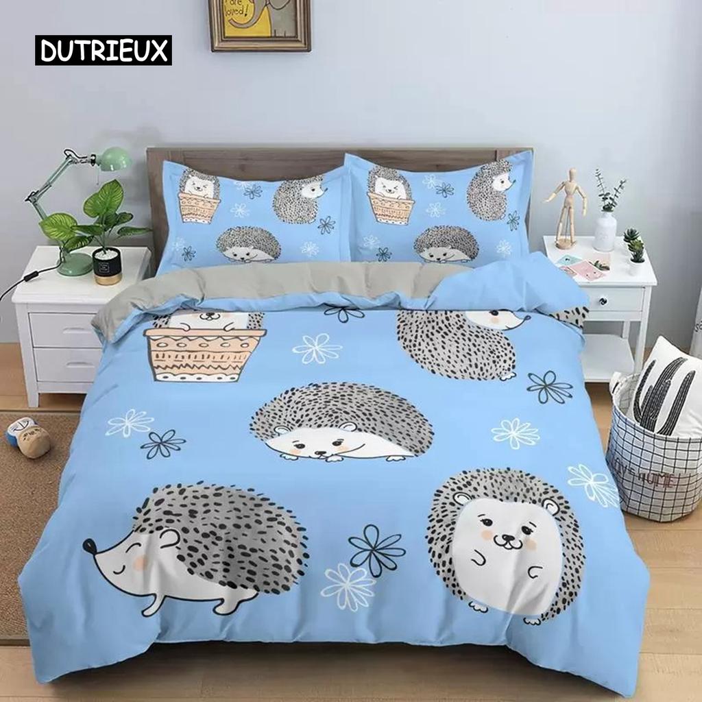 Hedgehog Duvet Cover Set 3D Cartoon Hedgehog Flower 2/3PCS Bedding Set Kids Boys Girls Animal Queen Size Polyester Quilt Cover