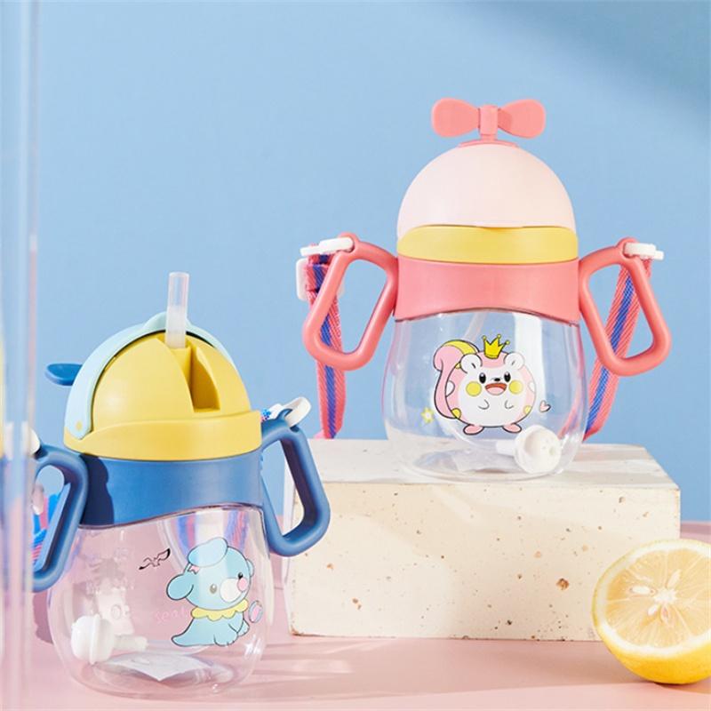 New Cartoon Handle Children's Plastic Straw Cup 360ml Ideal For Kindergarten With Shoulder Strap Pink/blue