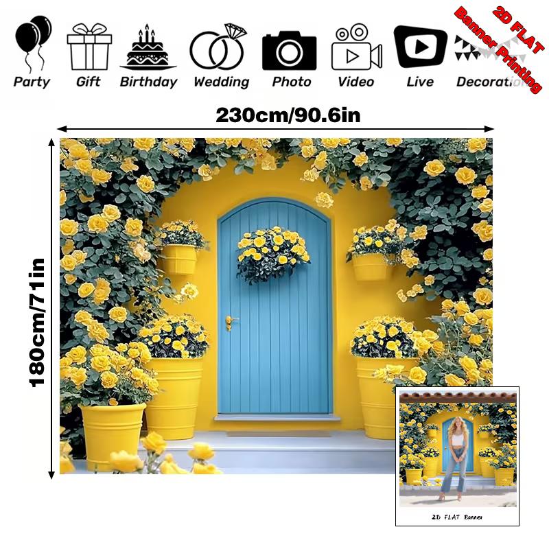 2D Yellow Rose Door Backdrop Bright Floral Wall Photography Background