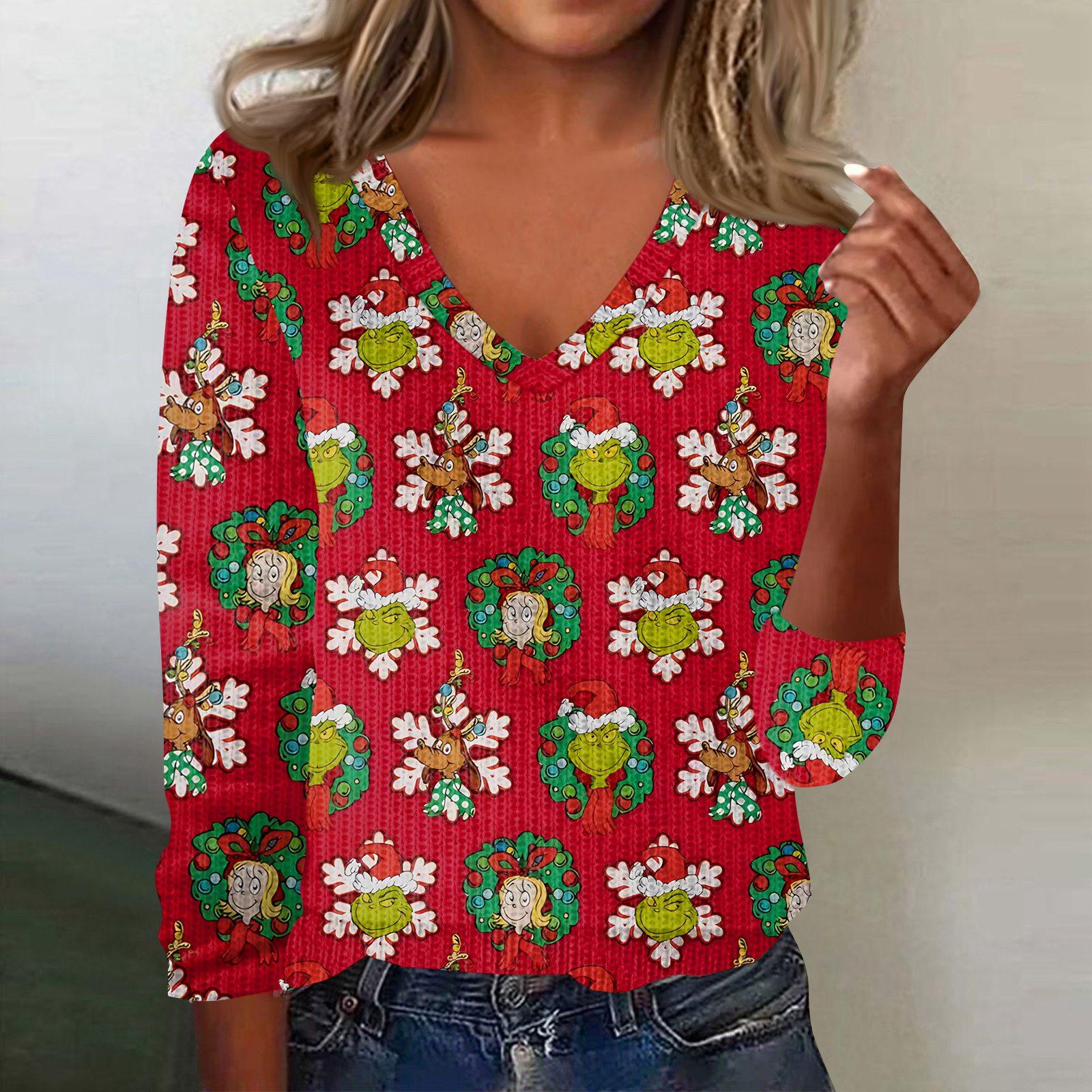 

Женский милый свитер вязаный модный повседневный с V-образным вырезом длинным рукавом уютный с принтом топ XL