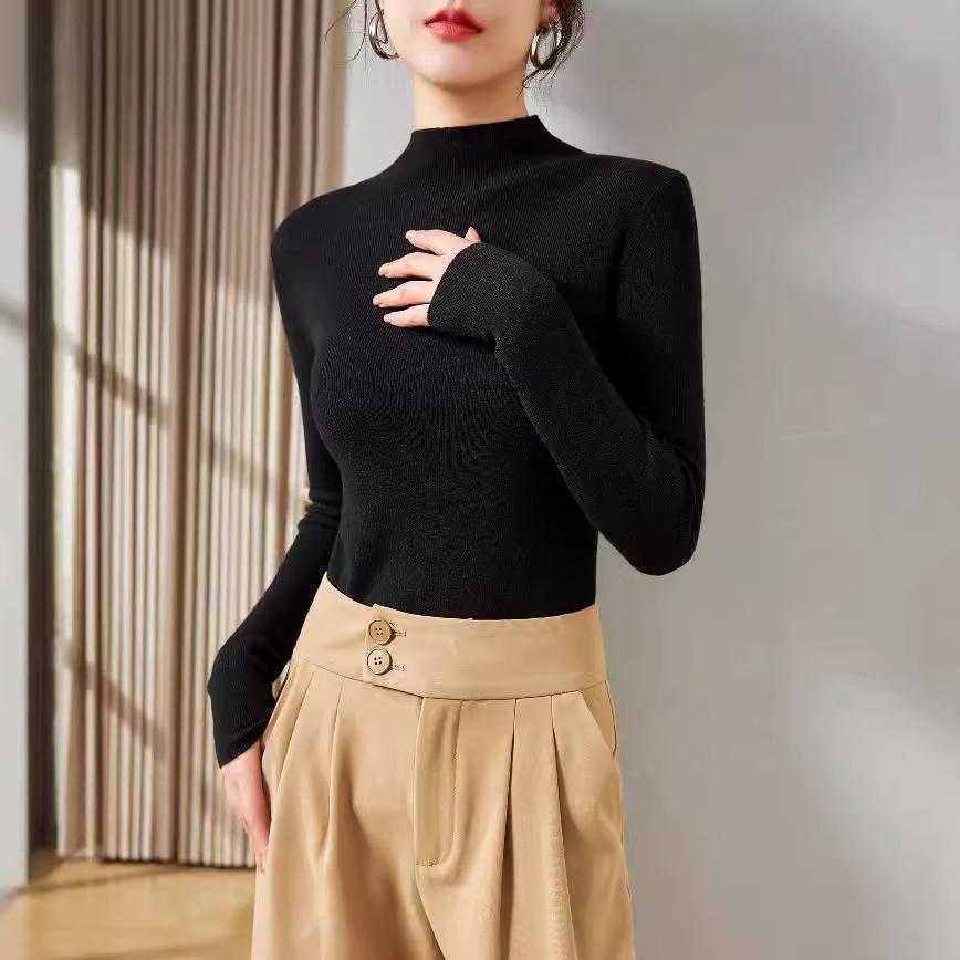 

Women s Black Slim Knit Half Turtleneck Silk Wool Sweater - 2024 Autumn/Winter Collection 120 чорний
