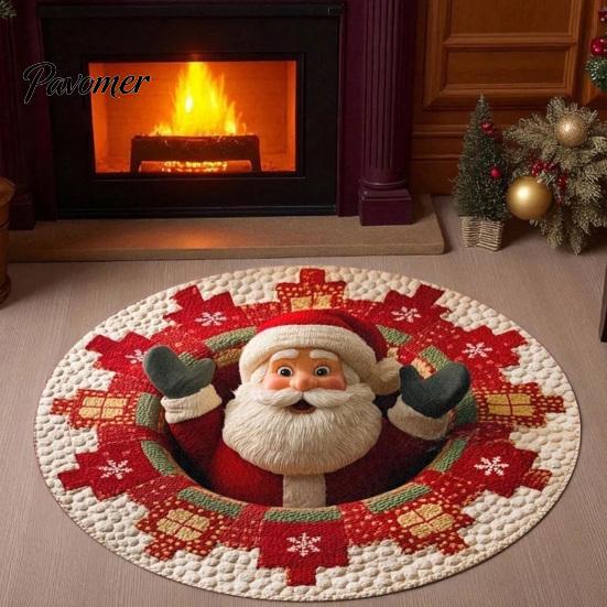 Cozy Christmas Room Decor 3D Illusion Rug, Round Xmas Tree Area 24" 47" Modern Rug Santa Claus Snowman Floor Mat for Living Bedroom Holiday