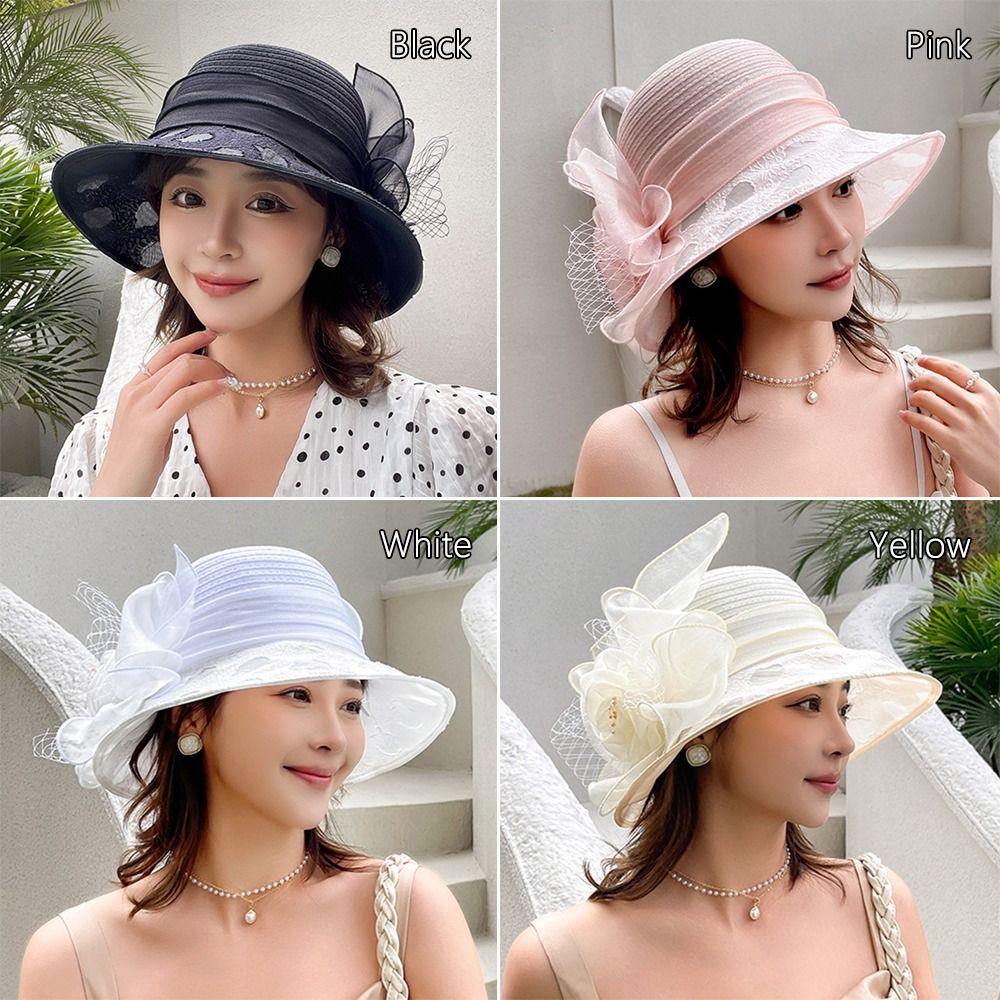 Breathable Bridal Tea Party Wedding Hat Wide Brim Beach Hat Elegant Organza Hat  Summer