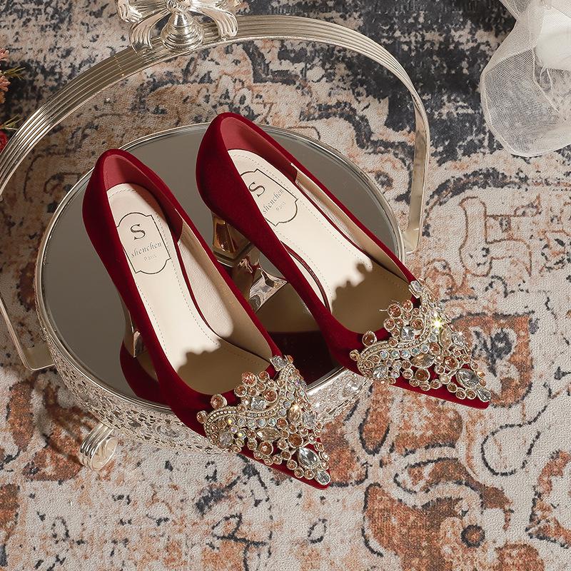 Pointed Heel Suede Red High Heels Women's Banquet Wedding Bridesmaid Shoes Bridal Shoes