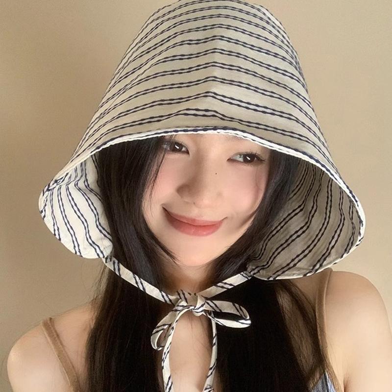 1Pcs Large Brim Foldable Bucket Hats With String For Women Korean Striped Female Panama Bob Outdoor Mountaineering Hat