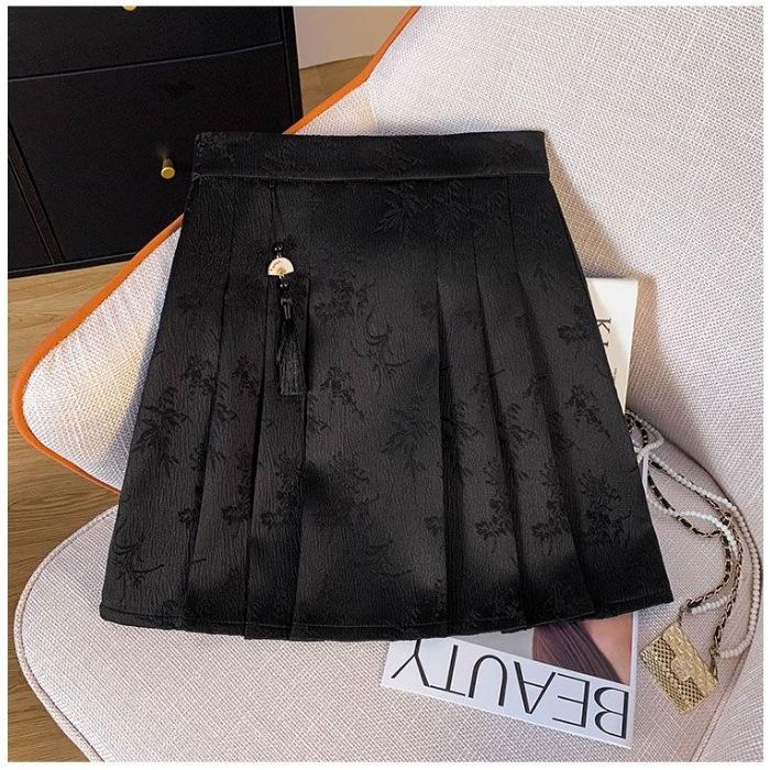 

New Chinese style retro jacquard pleated short skirt women s summer new high waist anti-light a-shaped skirt 2XL