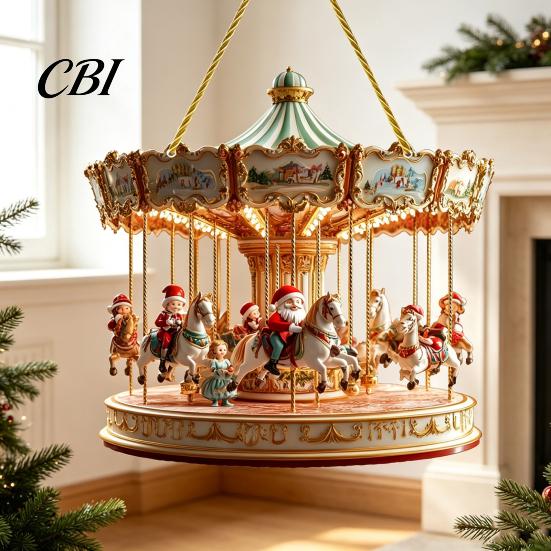 Decorative Lanyard Christmas Pendants Santa Claus Carousel/Snow Cottage Hanging Ornament, Double-Sided Customizable Holiday Party Favors Acrylic