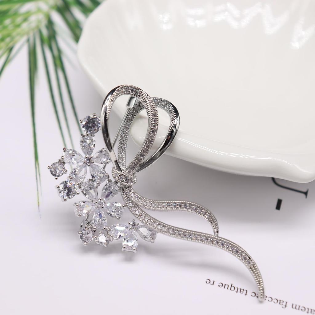 Crystal Cherry Blossom Lovely Diamond Ribbon Flower Corsage for Entrance White Gifts for Comes with Gift Case Brooch, Weddings, Graduations,