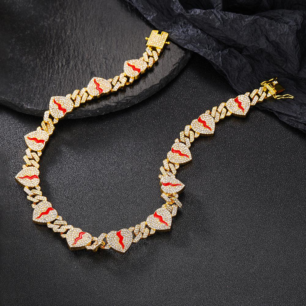 Personalized Heart Cuban Link Rhinestone Alloy Necklace - Red Crack Hip Hop Jewelry