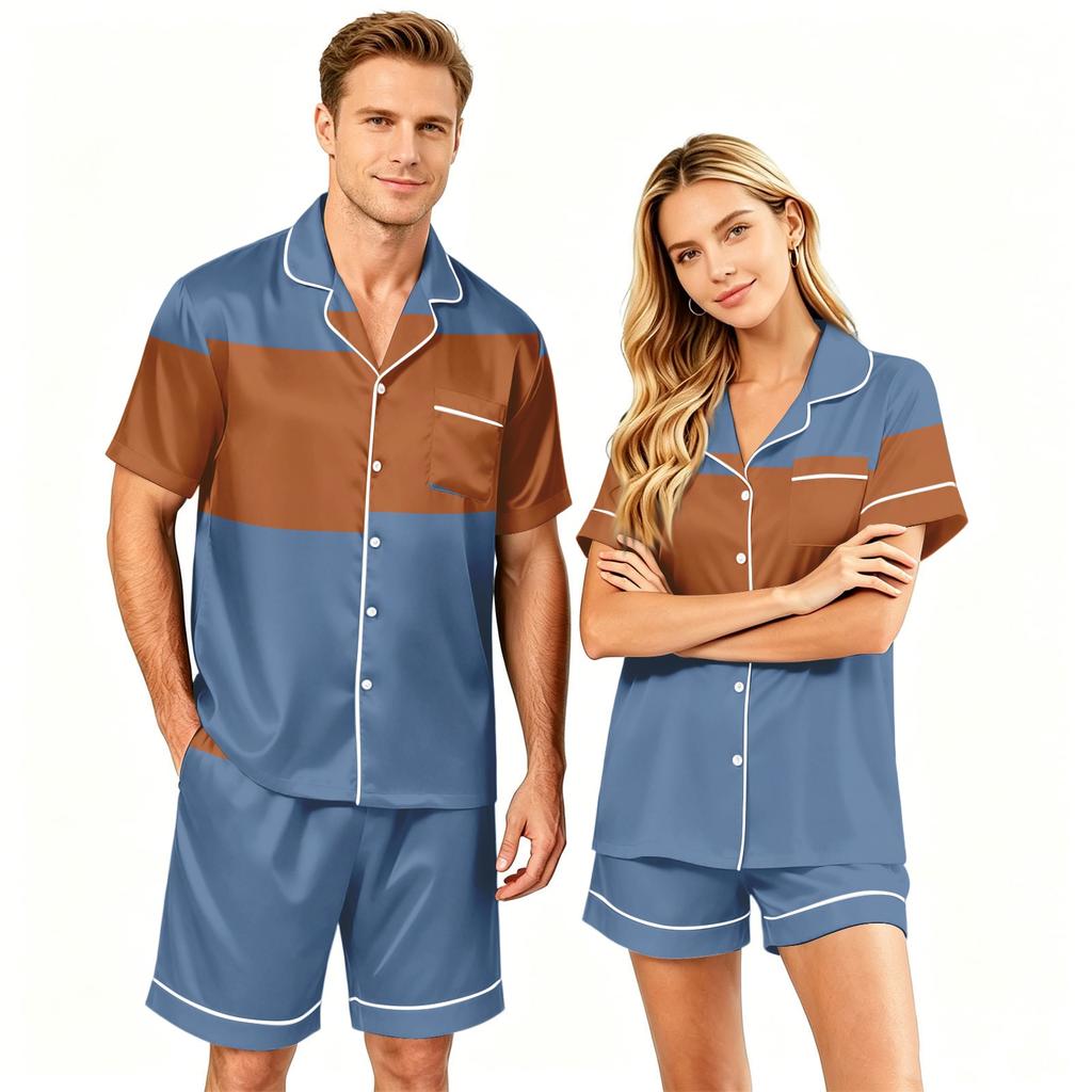 Couple Matching Pajama Set Short Sleeve Button Down Shirt with Hem and Shorts Set Soft Casual Sleepwear Available In Sizes S To XXXXL