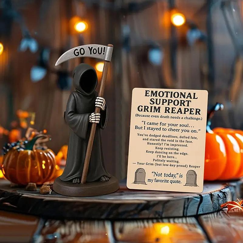 Gothic Emotional Support Figurine Grim Reaper Statue Halloween Decoration Holding Coffee & Cat Resin Desktop Ornament