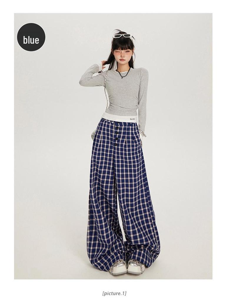 Women's High Waist Plaid Wide-Leg Casual Pants - Autumn Button-Down Style