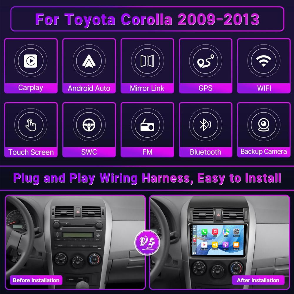 Android 13 Carplay Auto For Toyota Corolla E140/150 2007 2008 2009 2010 2011 2012 2013 Car Radio Multimedia Player GPS Stereo