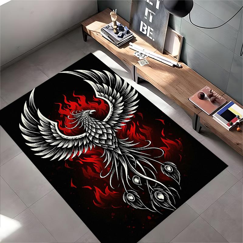 Area Rug, Phoenix Bird Red Flame White Tattoo Black Background Print, Living Room Decor, Non-Slip Mat
