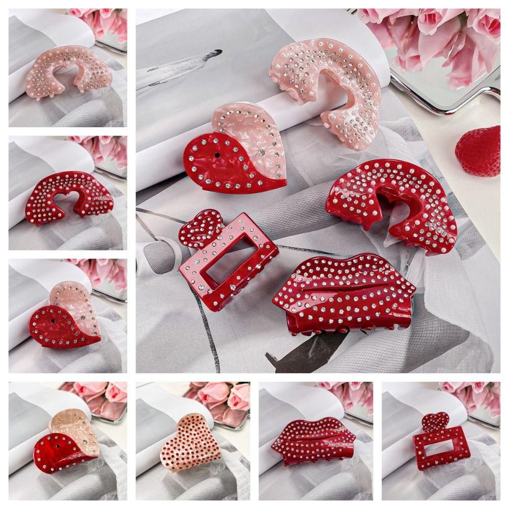 

Elegant Vermilion Lips Hair Claw Acetic Acid Rhinestone Shark Clip Hollow Heart Hair Clip Gift Style E