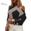 Autumn Blouse Women Top Long Sleeves Contrast Color Diagonal Collar Geo Printing Lady Spring Shirt One Shoulder Warm Elegant Chain for Shopping