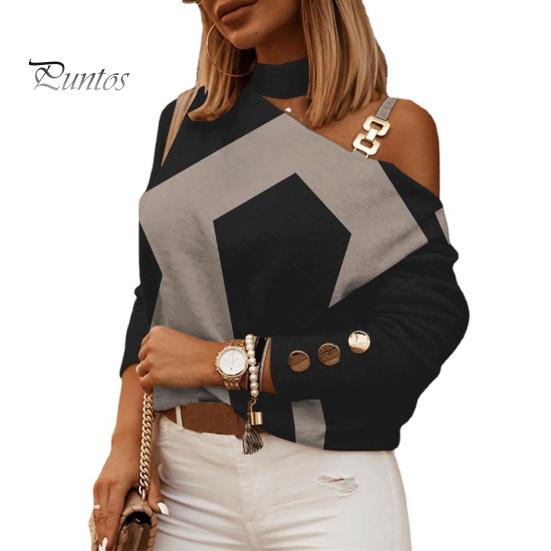 Autumn Blouse Women Top Long Sleeves Contrast Color Diagonal Collar Geo Printing Lady Spring Shirt One Shoulder Warm Elegant Chain for Shopping