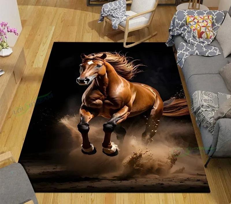3D Fashion Exquisite Painted Galloping Horse Design Anti-Slip Area Rug for Living Room Kids' Bedroom Mat Large Decorative Carpet