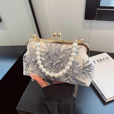 Borsa da sera ricamata da donna, con tracolla, catena e perle, pochette a tracolla, borsa a tracolla ricamata, borsa da sera per feste di matrimonio