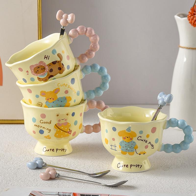 Cartoon Puppy Kitten Mug High End Light Luxury Ceramic Girl with Spoon Coffee Cup Couple Cup Goblet Cup