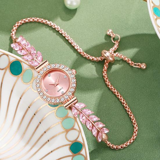 Women Rhinestone Leaf Watch Round Dial Ladies Casual Formal Dress Quartz Bracelet Wristwatch Fashion Jewelry Accessory