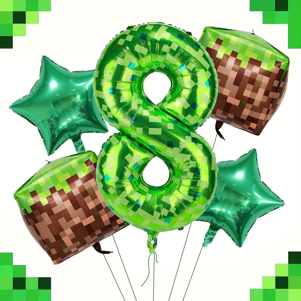 40-Inch Green Pixel Miner Digital Aluminum Foil Balloon Kit Includes Polyester Film Numbers 0-9 for Video Game Birthday Party
