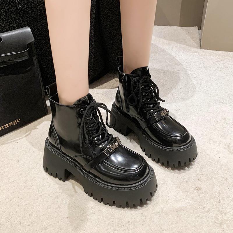 Móda Nové podzimní kotníkové boty na platformě 7cm vysoké podpatky ženy silná podrážka zimní kůže šněrovací punkové boty robustní boty na motorku žena